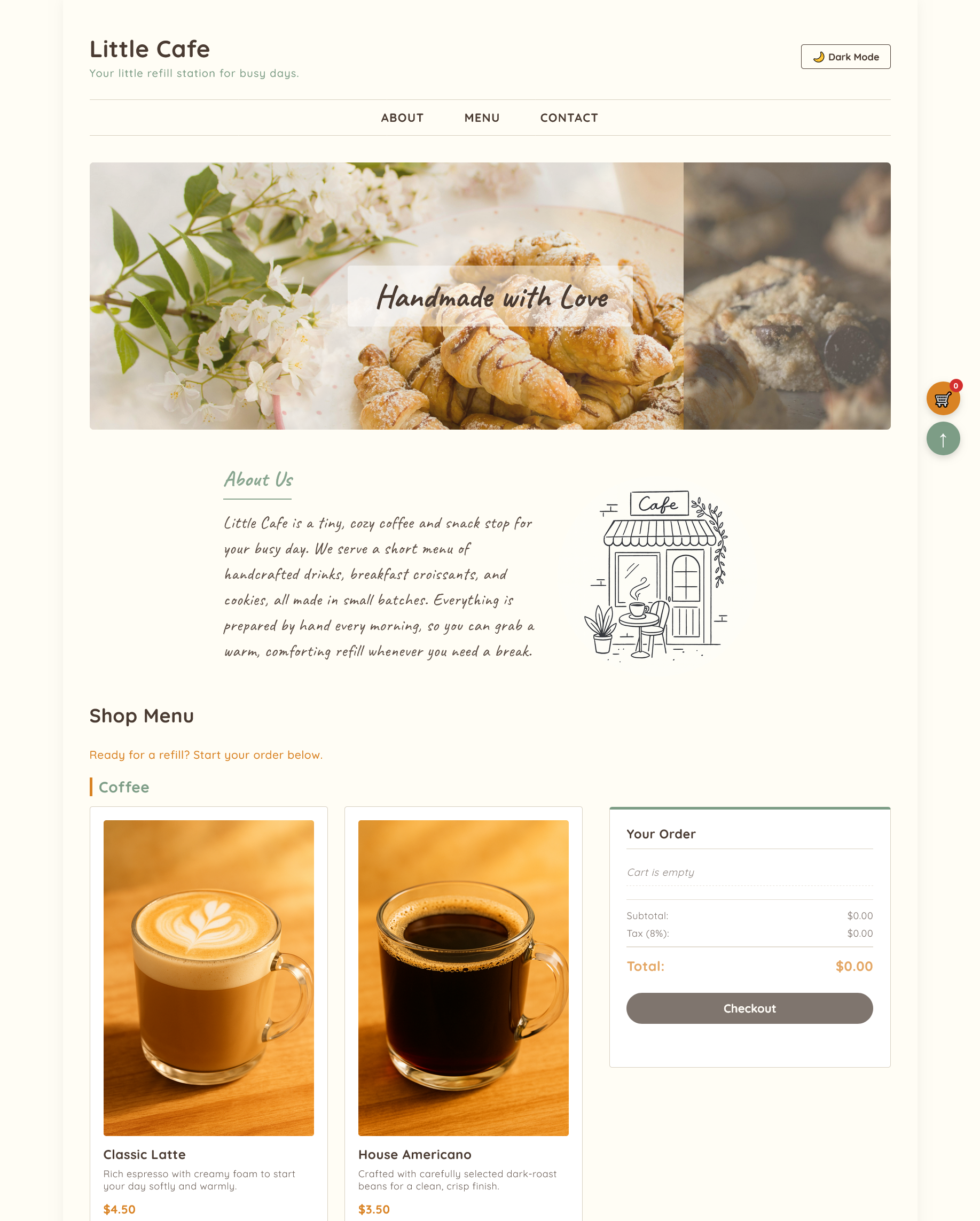 Little Cafe website – mobile ordering interface for artisan cafe