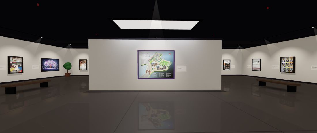 Preview of the 3D virtual exhibition hall, with framed works spotlit on white walls above a reflective floor