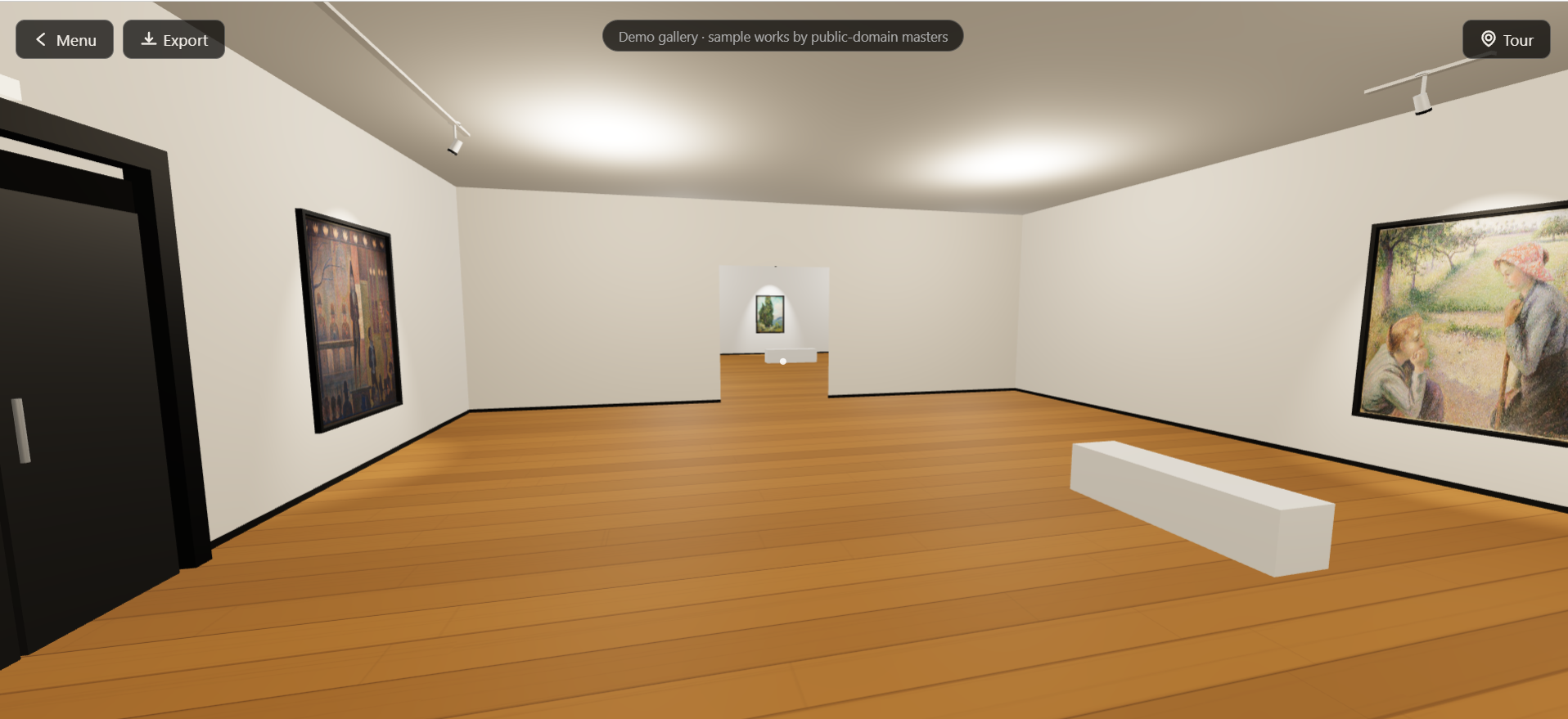 Openhall &ndash; first-person view inside an AI-generated 3D gallery: framed paintings on white walls, track lighting, and a doorway into the next room