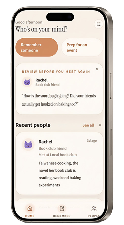 Rehello social memory app preview - a warm mobile app for remembering people you meet