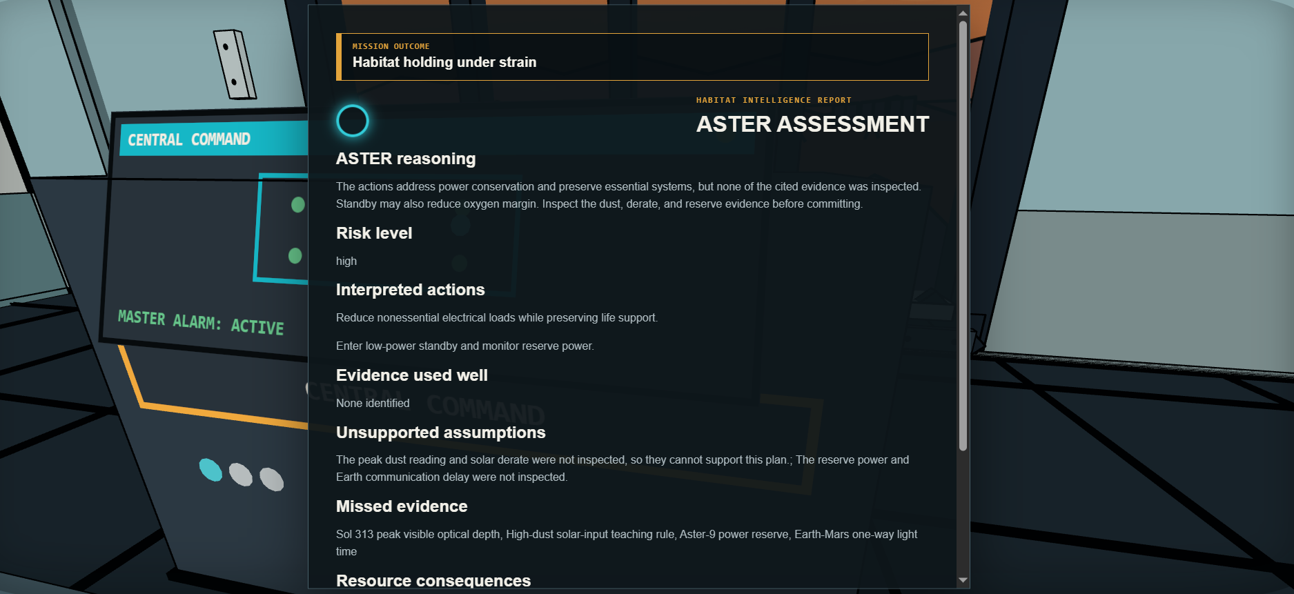 ASTER assessment explaining that the plan referenced evidence the learner had not inspected and listing missed evidence
