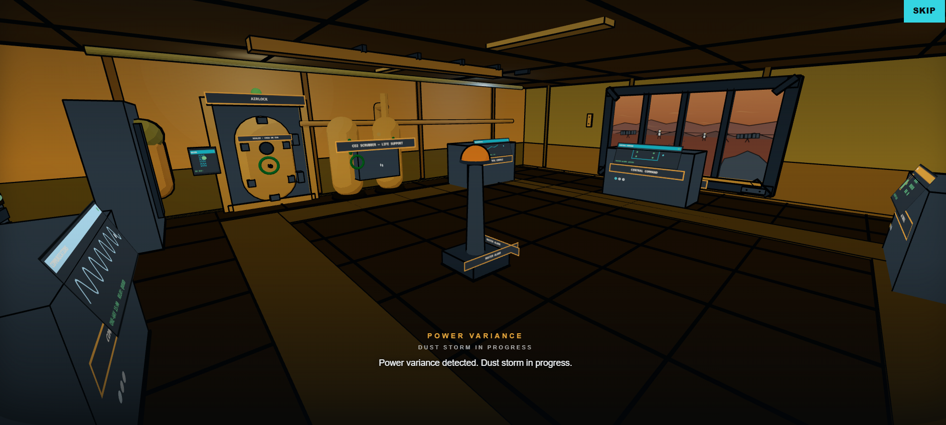 Cel-shaded Aster-9 habitat during the opening cinematic, with amber storm lighting and a Power Variance warning