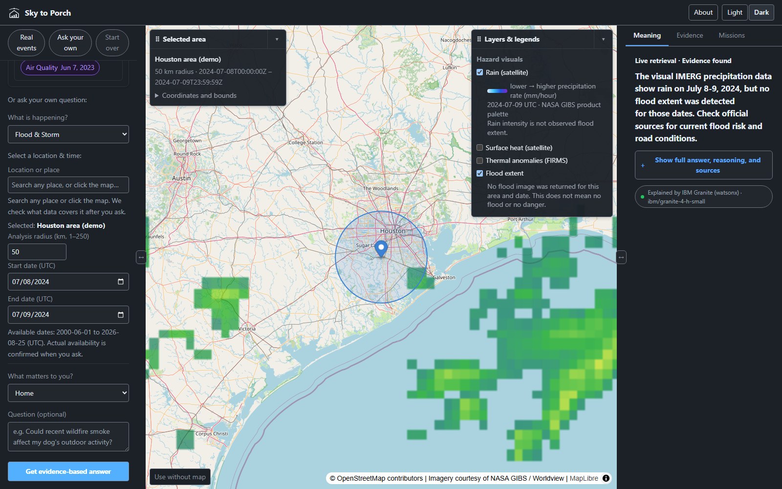 Hurricane Beryl query over Houston: NASA IMERG rain imagery on the map, and a Granite-written answer noting rain was observed but no flood extent was detected