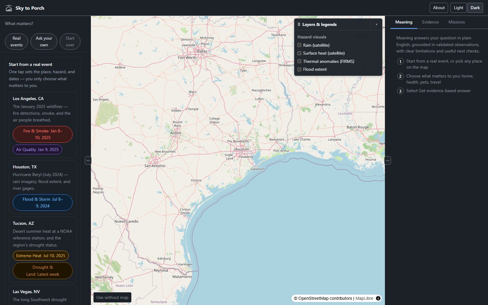 Sky to Porch landing page in dark theme: six real-event story cards beside an interactive map and the insight panel