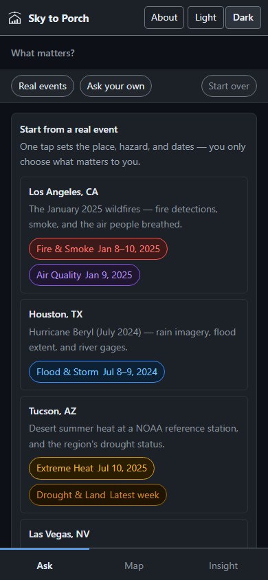 Sky to Porch on a phone-sized screen: the story cards stacked in a single column above the Ask, Map, and Insight tab bar
