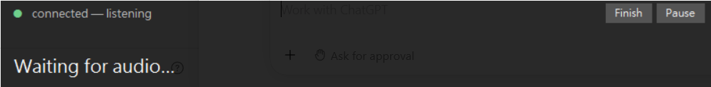 The current Yimu subtitle bar while listening: connected status, Waiting for audio message, and the two session controls, Finish and Pause.
